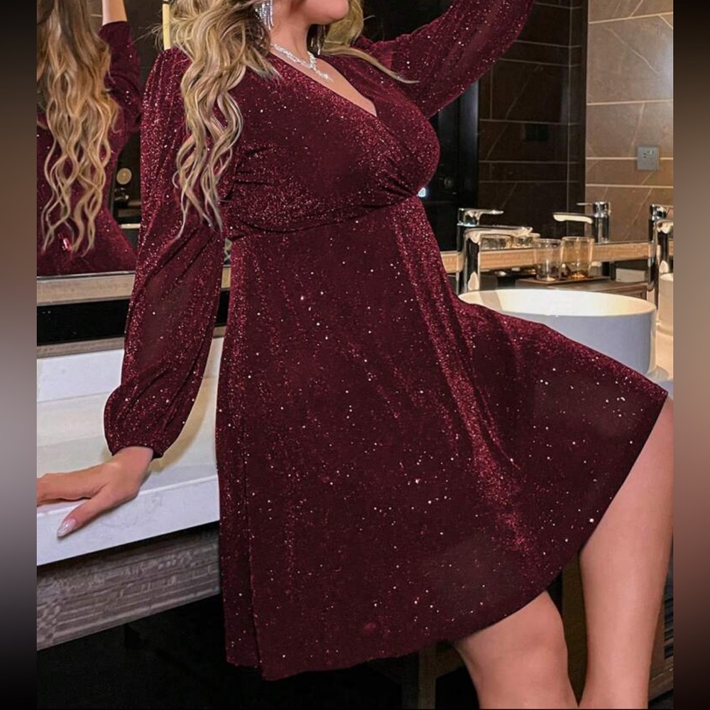 Luxe plus size lantern sleeve glitter party dress - Picture 8 of 16